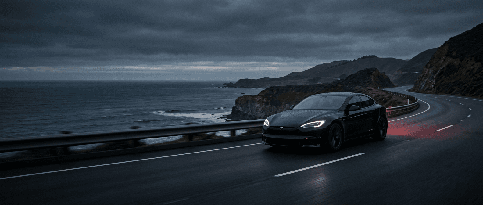 Tesla Model S driving along a coastal road